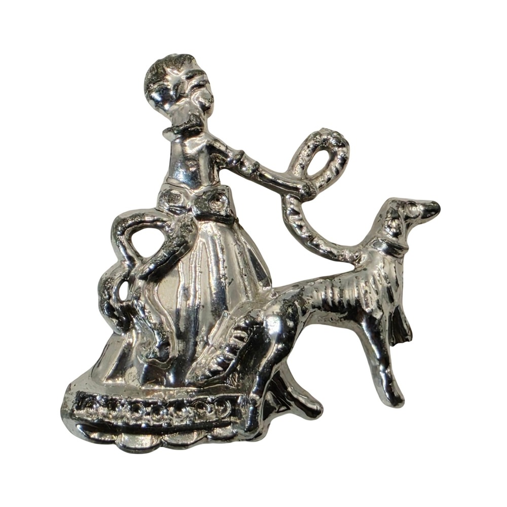 Vintage Art Deco Style Woman Walking Greyhound Dog Brooch Silver Tone Pin